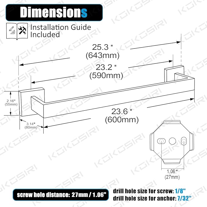 KOKOSIRI 24-Inch Single Towel Bar, Bathroom Kitchen Towel Holder, Wall Mounted SUS304 Stainless Steel Towel Rack, Polished Chrome, B4003CH-L24