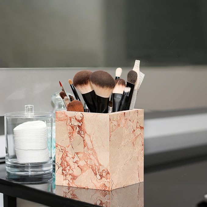 Natural Marble Toothbrush Holder for Bathroom Countertop (8.5x8.5x10cm) - Multifunctional Organizer for Makeup Brushes, Vanity Accessories & Utensils Sink(Pink)