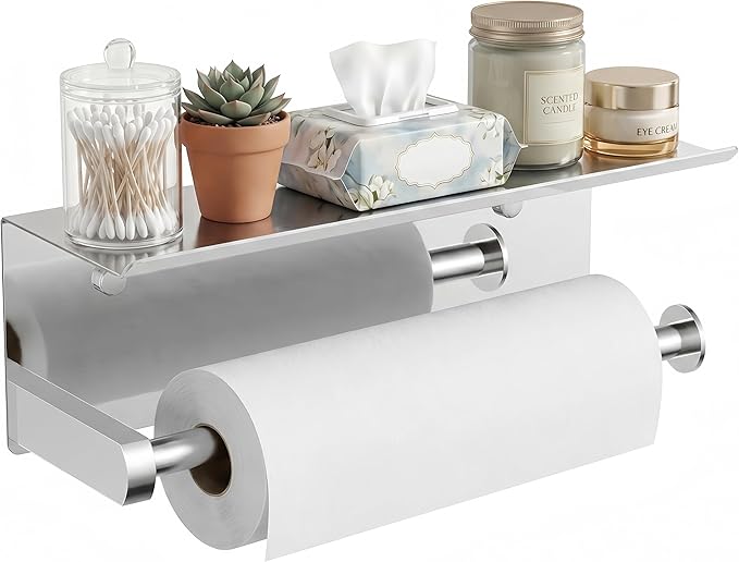 FORIOUS Paper Towel Holder with Shelf, SUS304 Stainless Steel Paper Towel Holder with Storage Shelf, Wall Mount Screw Paper Roll Organizer Commercial Paper Hand Towel Dispensers, Chrome