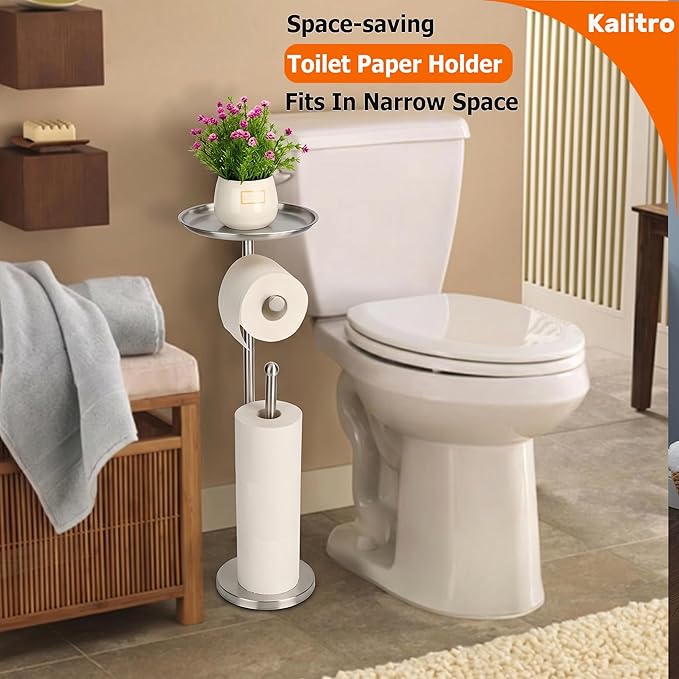 Kalitro Toilet Paper Holder Freestanding with Big Shelf, 4 Rolls Reserve Paper Holder Stand, Modern Paper Roll Holder with Storage Space for Phones (Brushed Nickel)