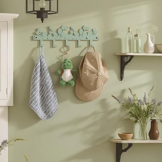 AceOrbit Eucalyptus Green Over The Door Hooks Hanger Wall Mount Towel Hanger Door Holder Organizer 5 Hooks Kawaii Farmhouse Rustic Coquettish Style Decor for Bedroom Bathroom Towel Hat Clothes