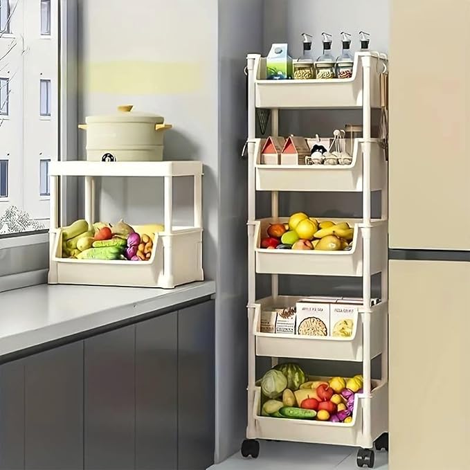 5-Tier Rolling Storage Rack with Wheels Shelves Shelf Storage Plastic Storages Shelving Shelf Rack Kitchen Storages Rack for Living Room Office Bathroom Garage Storage Shelves forfor Women