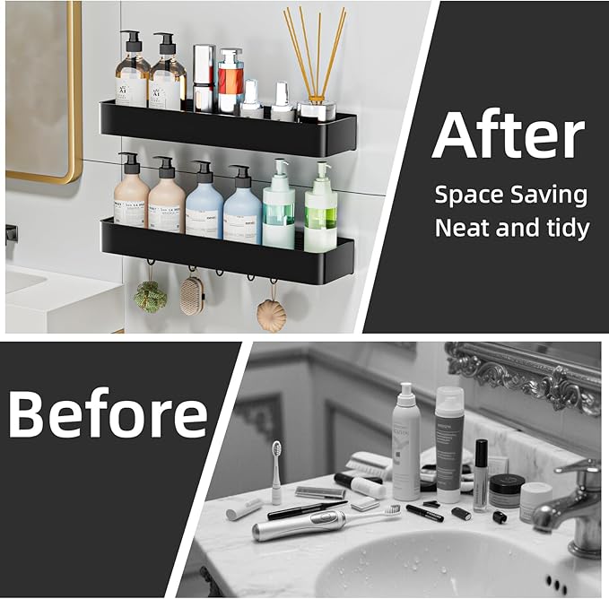 Wisfame Adhesive Shower Caddy,Rustproof Shower Shelve with Large Capacity,Quick-Dry Metal Bathroom Shelves with 5 Hooks, 2 Pack Drill-Free Durable Shower Organizers and Storage, Black