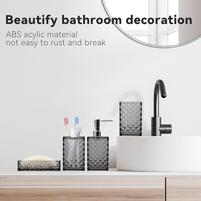 Bathroom Accessory Set, 4 PCS Grey Bathroom Accessories Set, Soap Dispenser and Toothbrush Holder Set, Soap Dish and Mouthwash Cup, Boho Bathroom Decor, Plastic Bathroom Sets Accessories