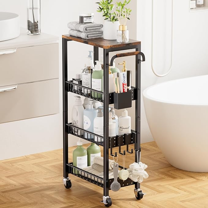 DTUQYX Slim Bathroom Storage Cart, 4 Tier Small Rolling Organizer Cabinet with Wood Top Handle, Mobile Shelving Unit Slide Out for Office, Kitchen, Laundry Room & Narrow Places (9.1" Overall Width)