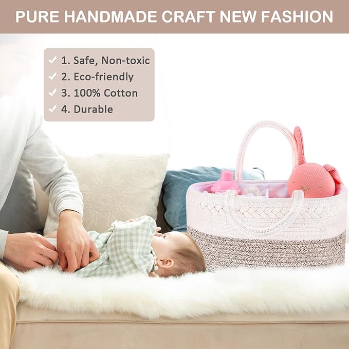 ABenkle Diaper Caddy Organizer, Boho Rustic Cotton Rope Nursery Baby Basket, Changing Table Organizer for Baby Diaper Storage and Baby Shower