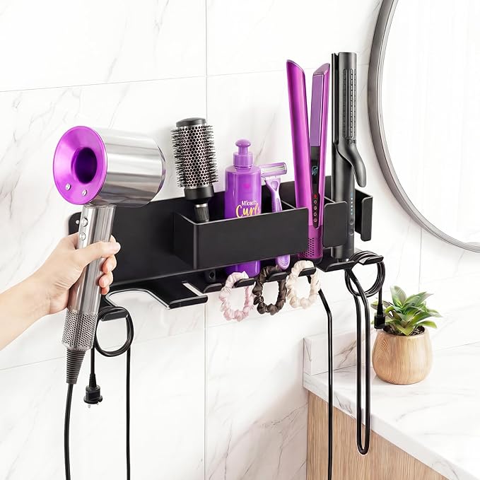 Hair Dryer Holder Wall Mounted, Blow Dryer Holder, Metal Hair Tool Organizer, Curling Iron, Straightener Holder, Hair Accessories Tools Organizer Storage for Bathroom（Gray）