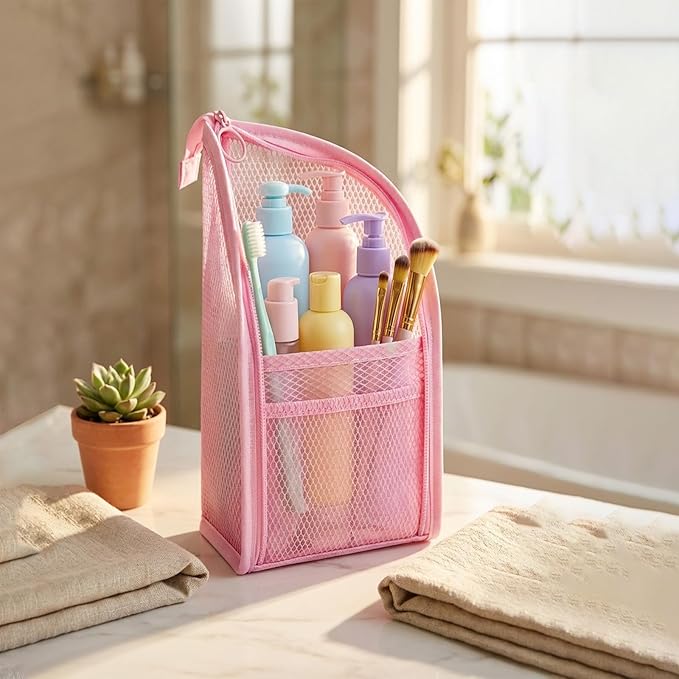 Standing Toiletry Bag, Lightweight Portable Travel Toiletry Bag, EVA Foldable Thickened Clear Hanging Makeup Bag, Breathable Cosmetic Organizer for Travel & Bathroom (pink)