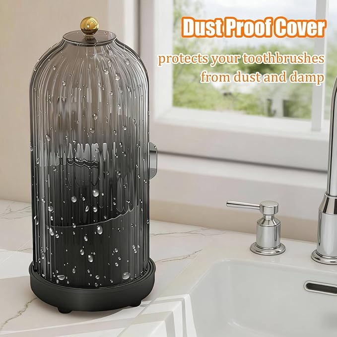 JEESA Toothbrush Holder Organizer, with Drainage Holes, with Dustproof Cover, 360 Rotating, 3 Slots, for Bathroom Countertop, Black