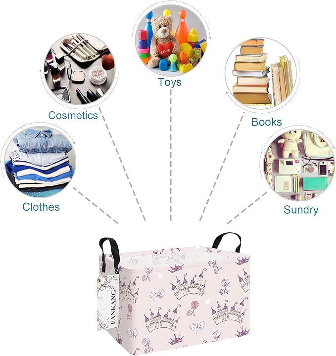 Storage Bins, Nursery Hamper Canvas Laundry Basket Foldable with Waterproof PE Coating Large Storage Baskets for Kids Boys and Girls, Office, Bedroom, Clothes,Toys(Rec-Princess Castle