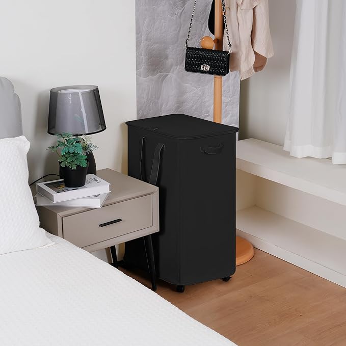 Vincona Slim Laundry Hamper with Lid and Wheels, Small Rolling Laundry Basket with Handle for Small Spaces, Tall Dirty Clothes Hampers for Dorm, Bathroom and Bedroom, 95L Black