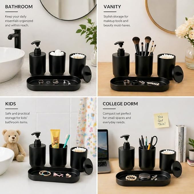 4-Piece Bathroom Accessories Set, Matte Black Plastic Countertop Organizer with Lotion Soap Dispenser, Tumbler, Cotton Swab Cup & Vanity Tray – Modern Bathroom Decor for Home