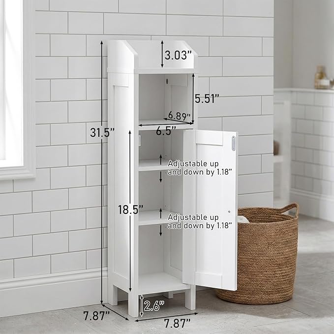 VINGLI Small Storage Corner Floor Cabinet, 7.9" Narrow Toilet Paper Storage Holder with Fluted Door, Skinny Freestanding Organizer for Small Spaces, Slim Bathroom Storage Cabinet, White