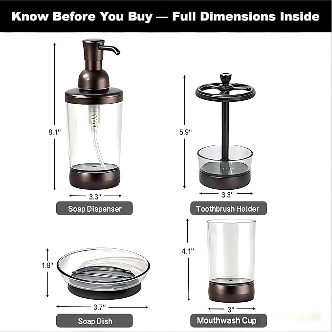 4 Piece Bathroom Accessories Set, Coffee Brown Bathroom Decor with Soap Dispenser, Toothbrush Holder, Mouthwash Cup & Soap Dish, Vintage Vanity Countertop Accessories for Home