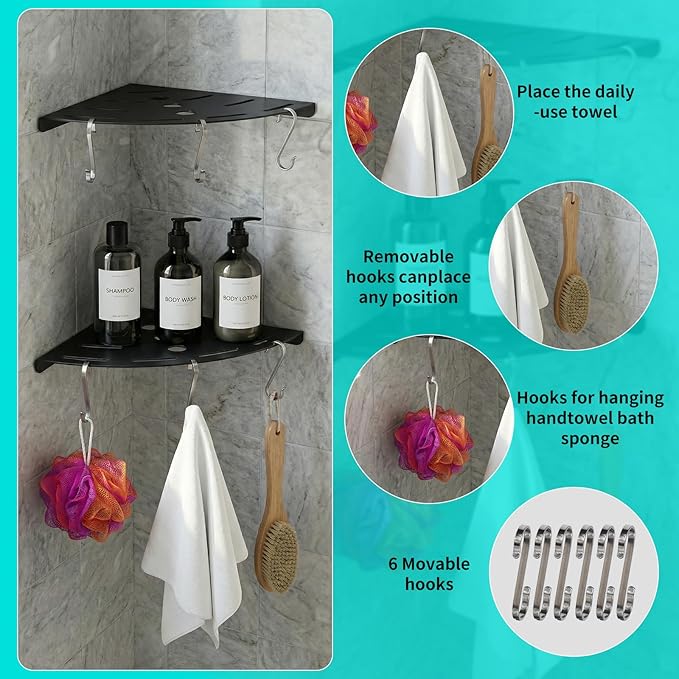 2 Pack Corner Shower Shelves, 304 Stainless Steel Corner Shelf Bathroom with 6 Hooks 40 lbs Heavy Duty, Durable for Inside Shower Brushed Nickel Drilling Installation(Black)