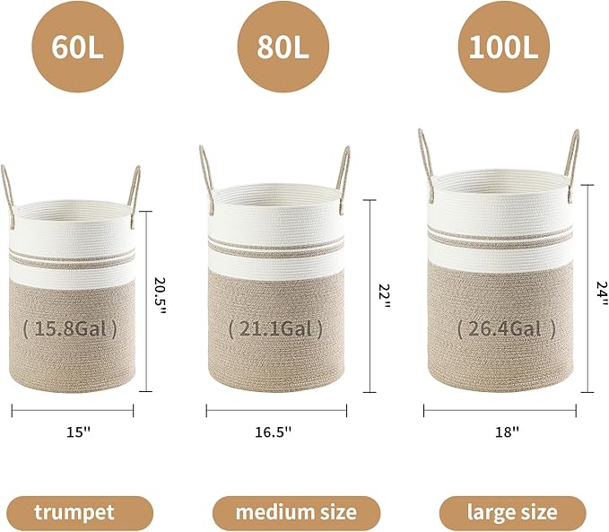 Laundry Basket Hamper Tall Rope Storage Woven for Blanket toys Dirty Clothes in Living Room Bathroom Bedroom (Brown&White, 100L/26.4Gal)