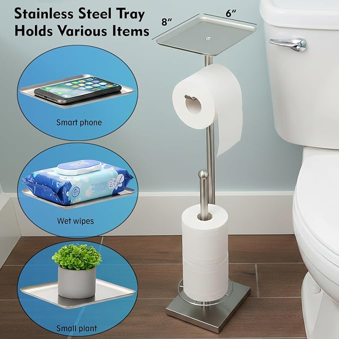 Toilet Paper Holder with Shelf, Toilet Paper Stand with Storage for Holding Extra 3 Rolls, Freestanding Toilet Paper Holder for Bathroom (Brushed Nickel with Metal Base)