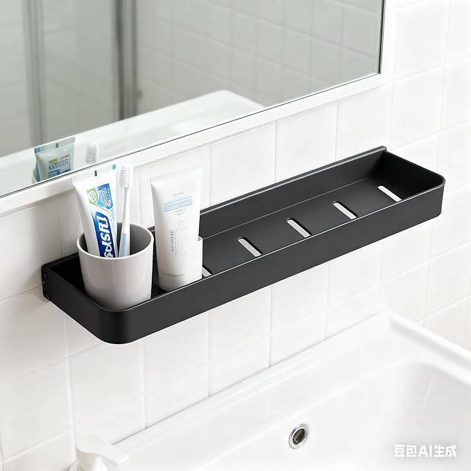 Bathroom Shelf with Towel Bar，Wall-Mounted Shower Storage Rack, 15.75 -Inch Suitable for bathrooms, Kitchens and Toilets，No Drill Bathroom Shelf