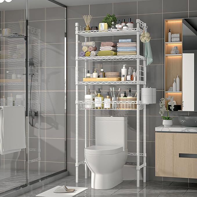 PrimeZone Over The Toilet Storage Rack - 4 Tier Adjustable Bathroom Shelf Organizer, Metal Space Saver Over Toilet with 2 Hooks, Freestanding Above Toilet Storage Shelves for Bathroom Laundry, White