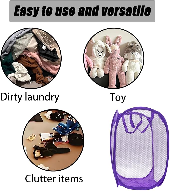 2Pcs Small Laundry Hampers, Folding Popup Mesh Laundry Basket, Collapsible Dirty Clothes Hamper, Portable Mesh Popup Hamper, Ideal for Bedroom, Travel and Home Use (Purple & Blue)