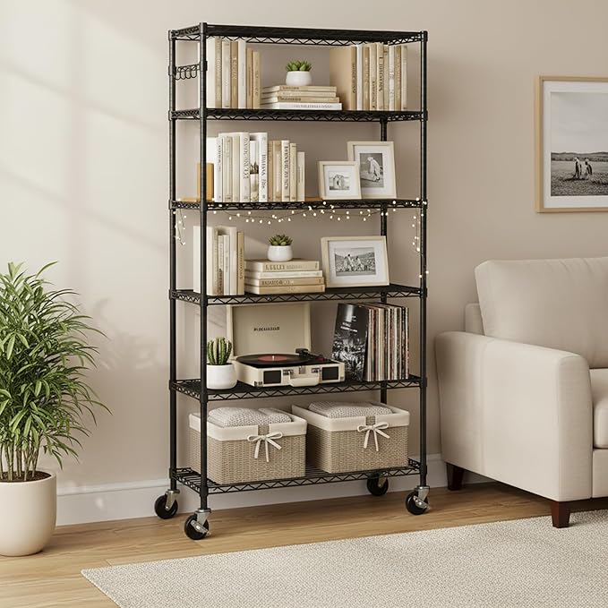 Folews 6-Tier Metal Storage Rack with Wheels, NSF Sturdy Adjustable Wire Shelving Unit for Garage Kitchen Pantry Laundry Room, 36" W x 14" D x 75" H Large Rolling Organizer Shelf Easy Assembly, Black