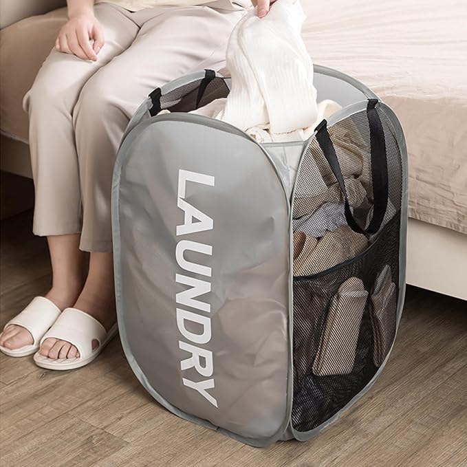 2pcs Pop Up Mesh Laundry Hamper Room Collapsible Storage Bin Lightweight Basket For College Dorm Home Travel Camping (Pink & Mint blue)
