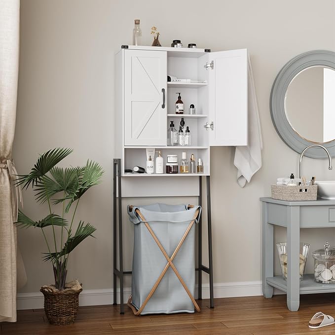 Over The Toilet Storage Cabinet with 2-Door Design Bathroom Organizers and Storage with Anti-Tip Device Over Toilet Organizer with Shelves for Bathroom,Restroom,Laundry White