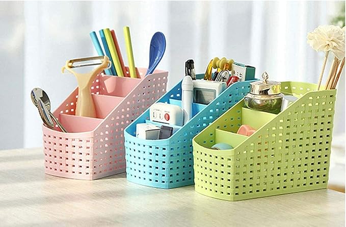 Plastic Multipurpose Storage Basket Rack Desk Organizer with 4 Sections for Stationery Pen Stand | Cutlery Stand | Bathroom Stand | Set of 2 | Multicolour, regular (MIC6949)