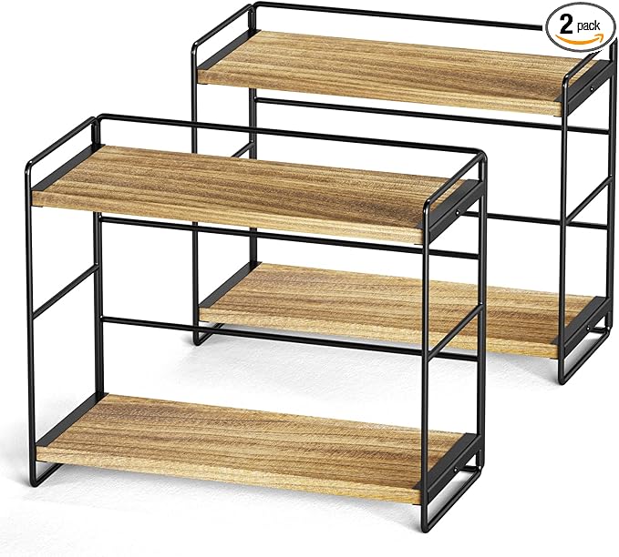 SRIWATANA 2 Pack Bathroom Counter Organizer, 2 Tier Countertop Organizers, Kitchen Counter Shelf Spice Rack Countertop Storage Wood Shelf - Carbonized Black