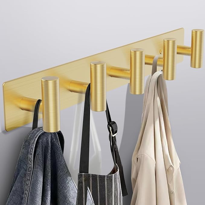 Bntuk Coat Rack Wall Mount - 5 Hat and Coat Hooks, Heavy Duty Towel Racks for Bathroom Entryway, Wall Hooks for Hanging Robes Bags, Hat Rack Key Hanger Organizer (Gold)