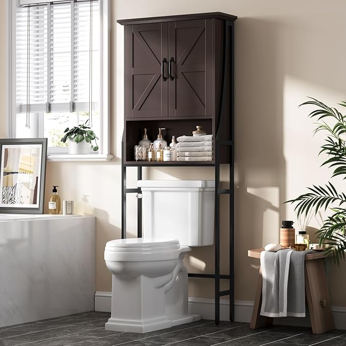 Over The Toilet Rack for Bathroom, Over The Toilet Storage Cabinet, Over Toilet Bathroom Organizer with Double Barn Doors Space Saver Rack Above Toilet Storage Cabinet (Espresso)