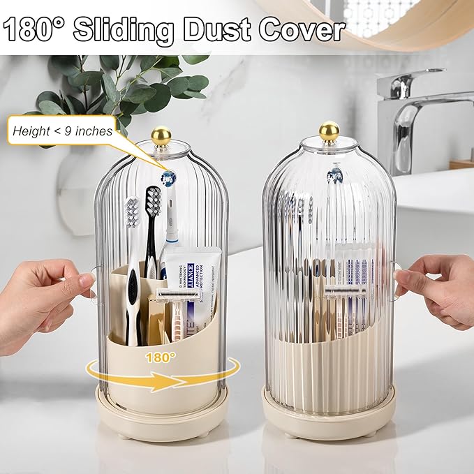 Rotating Toothbrush Holders with Cover, Dustproof Toothbrush Holder with Sliding Lid Electric Tooth Brush and Toothpaste Organizer for Bathroom, Makeup Brush Holder for Vanity, Beige
