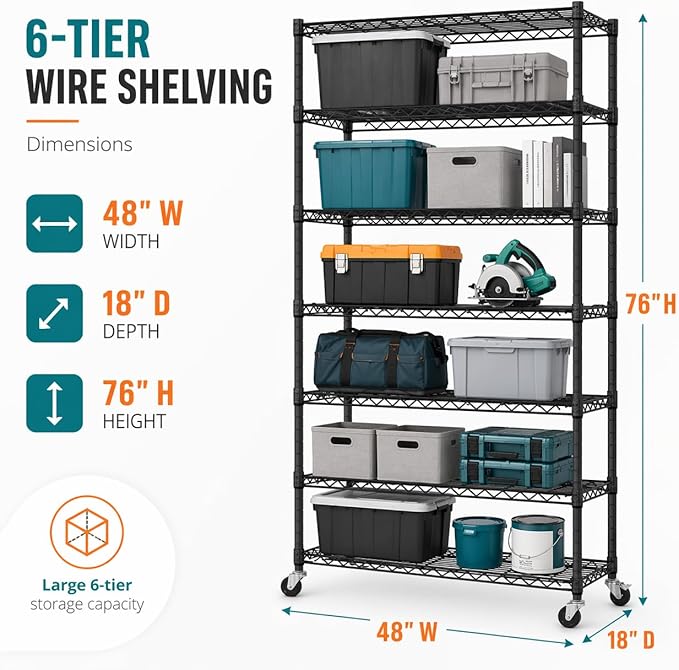 6-Tier Heavy Duty Wire Shelving Unit with Wheels or Leveling Feet, 6000 LBS Total Capacity, Adjustable Metal Storage Rack for Garage, Pantry, Kitchen, Basement, 48" W x 18" D x 76" H, Black