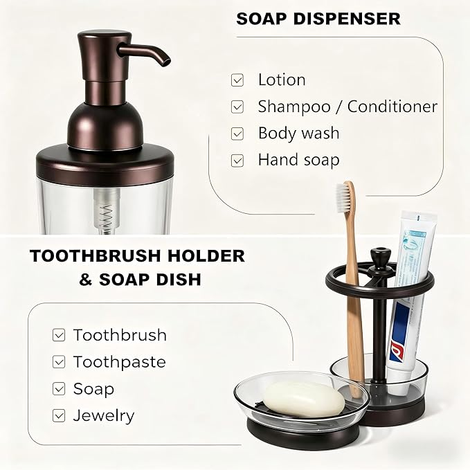 4 Piece Bathroom Accessories Set, Coffee Brown Bathroom Decor with Soap Dispenser, Toothbrush Holder, Mouthwash Cup & Soap Dish, Vintage Vanity Countertop Accessories for Home