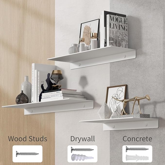 Danpoo 12 inch White Metal Floating Shelves for Wall Organizer & Storage, Display Shelves for Bathroom, Living Room, Kitchen, Bedroom(2-Pack)