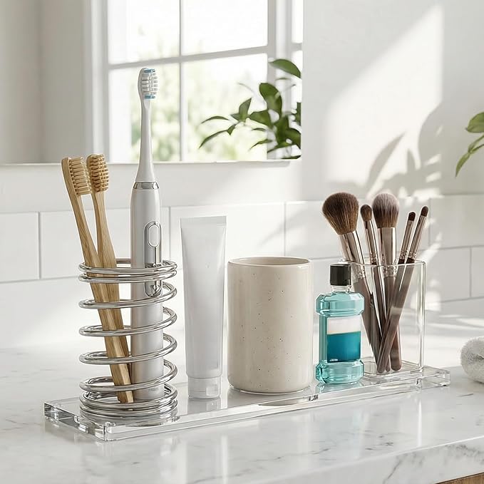 Toothbrush Holder with Base Spring Shape Stainless Steel Pen Holder Bathroom Tabletop Makeup Brush Organizer Toothbrush Stand