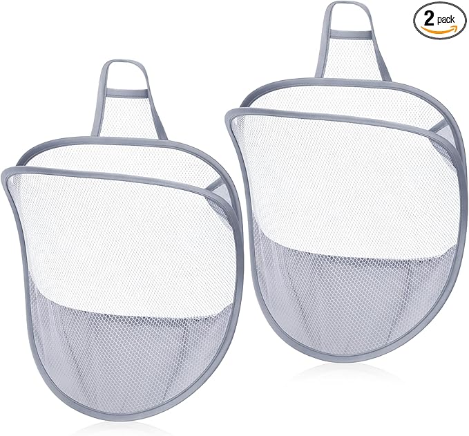 2 Pack Mesh Hanging Laundry Hamper, Small Foldable Wall Laundry Baskets Space-Saving Wall Hamper Portable Dirty Clothes Organizer for Home, Dorms, Hotels, RVs Grey