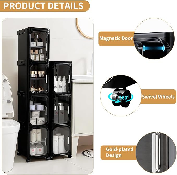 2-Tier Narrow Storage Cabinet, Slim Bathroom Storage Cabinet with Adjustable Shelves and Wheels, Narrow Organizer for Small Space, Bathroom, Kitchen, Laundry, Black