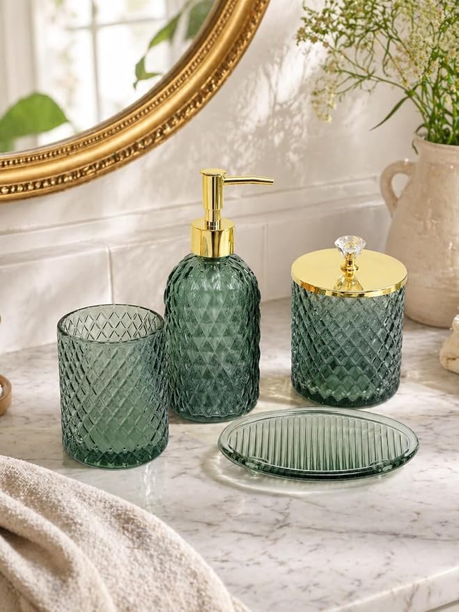 Bathroom Accessories Set, 4Pcs Sage Green Glass Bathroom Accessory Set Complete w/Lotion Soap Dispenser, Toothbrush Holder, Qtip Holder, Soap Dish, Gold Bathroom Decor Sets, Gift for Home Apartment