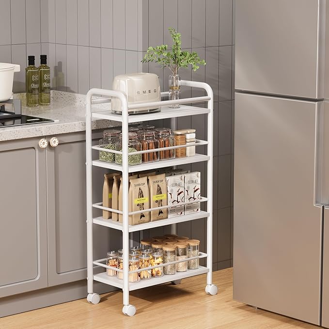 Asgolion Slim Storage Cart, 4-Tier Small Rolling Cart with Wheels, 9.1" Deep, Narrow Bathroom Shelf Trolley for Kitchen, Bathroom, Laundry Room, White Large 4-Tier (9.1" W x 33.6" H)