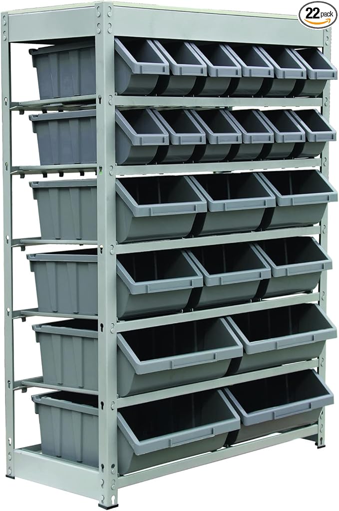 King's Rack Bin Rack Storage System Heavy Duty Steel Rack Organizer Shelving Unit w/ 22 Plastic Bins in 6 tiers