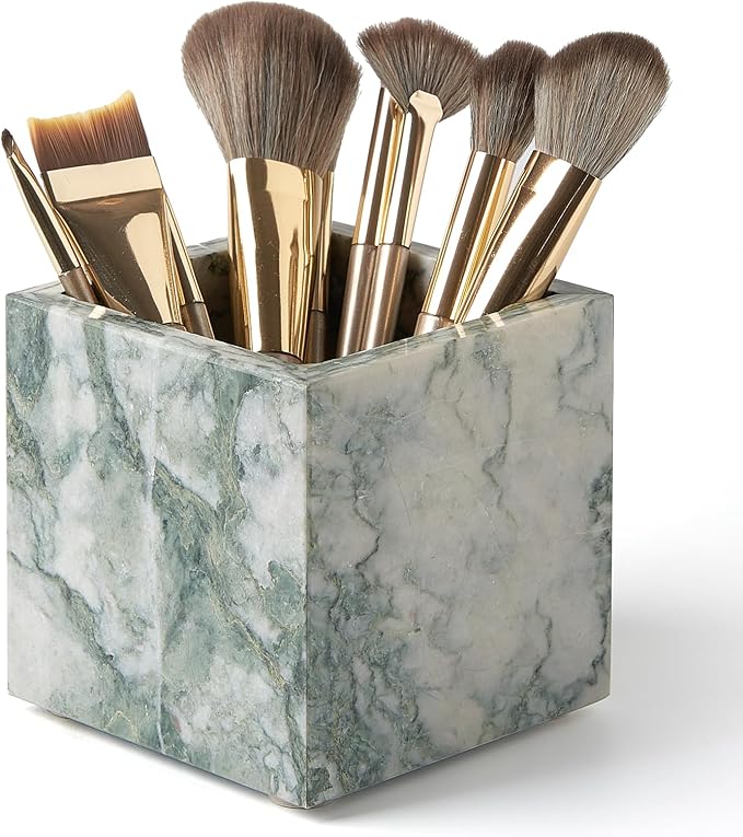 Real Luxurious Natural Marble Toothbrush Holder & Makeup Brush Organizer & Pen Holder for Desk,3.93inch Square Marble Utensil Holder Non-Ceramic/Non-Resin （Cyan Green）