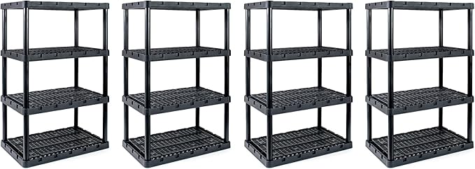 Gracious Living 4 Pack XL Heavy-Duty Storage Shelves, Knect-A-Shelf 4-Shelf Ventilated Storage Shelving Rack for Home Organization, Black