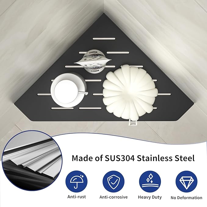 Corner Shower Shelf, 10" Matte Black 304 Stainless Steel Pentagonal Heavy Duty Floating Corner Sheves, Slot Design Recessed Bathroom Shelf for Tiled Wall 2 Pack