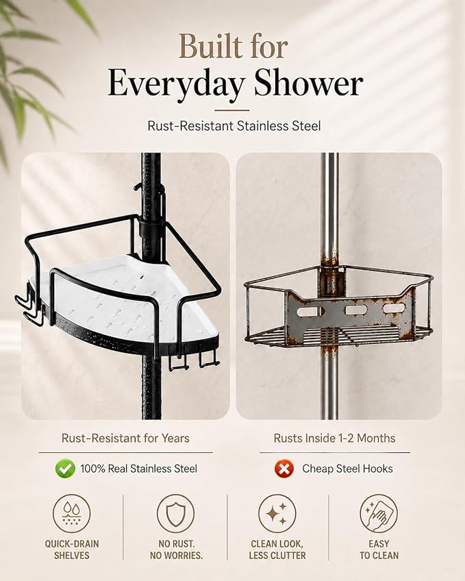 ALLZONE Corner Shower Caddy Tension Pole, 4 Hang-On Basket with Mixed-Height Shelves for Various Bottle Sizes, Extra Hooks & Soap Holder, Rustproof Stainless Steel, Fits 34–116 Inch, Black/White