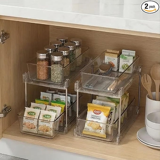 2 Pack Bathroom Organizers and Storage,2-Tier Clear Under Sink and Pull-Out Cabinet Organizer with Track for Kitchen, Pantry,Vanity Countertop,Medicine Cabinet,Closet Drawers Bins