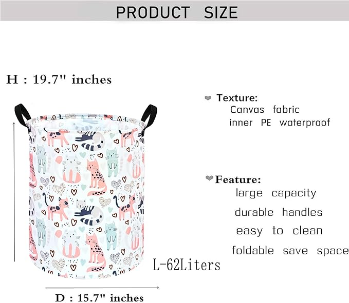 Kids Laundry Hamper Clothes Gift Basket Storage Laundry Baskets Organizer Bin with Handles for Nursery Room (Cat)