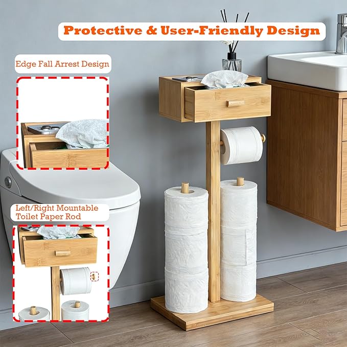 Freestanding Bathroom Toilet Paper Holder Stand with Shelf, Bamboo Toilet Paper Roll Holder with Wet Wipes Storage Drawer(Natural)