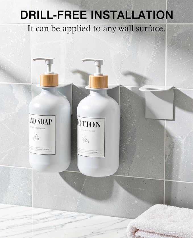 Luxspire Shampoo and Conditioner Dispenser, Shower Soap Dispenser Wall Mounted 3 Sets Plastic Bottles Bamboo Pump, 17OZ Shampoo and Conditioner Bottles for Bathroom, Shower Wall and Hotel, White