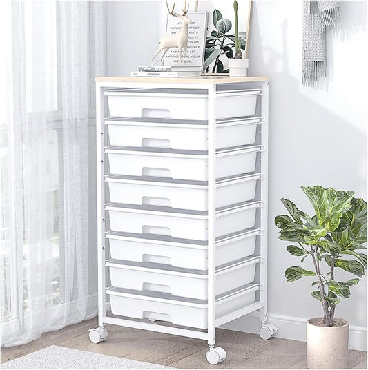 SYKIARIOL Rolling Storage Cart with Drawers,Utility Cart With 8 Drawers and Wooden Tabletop,Rolling Drawer Cart,Storage Drawer Cart for Living Room,Classroom,Bedroom,Bathroom,Dorm,Office,White